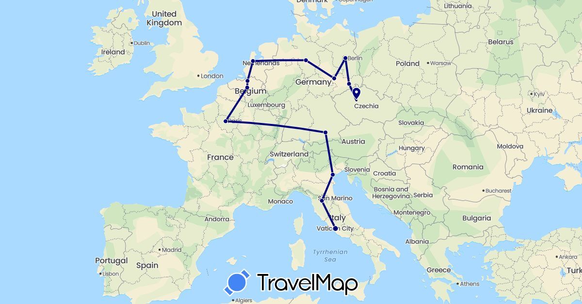 TravelMap itinerary: driving in Belgium, Czech Republic, Germany, France, Italy, Netherlands (Europe)